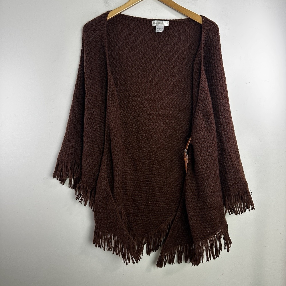 House of Harlow 1960 chocolate brown women knit fringe buckle wrap Shawl OS - Picture 4 of 6